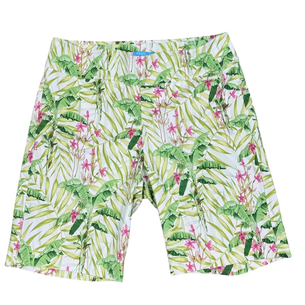J. McLaughlin Tropical Palm Floral Bermuda Shorts Green Pink White Size 10